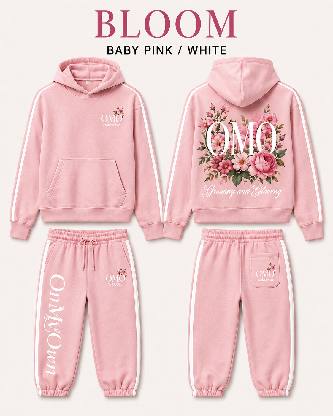 Bloom Baby Pink / White front and back garment design
