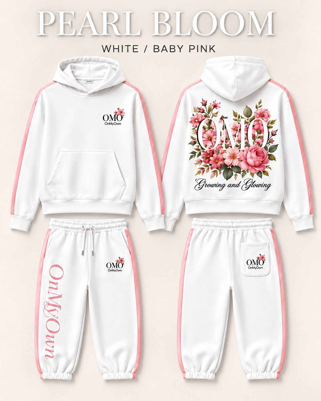 Pearl Bloom White / Baby Pink front and back garment design