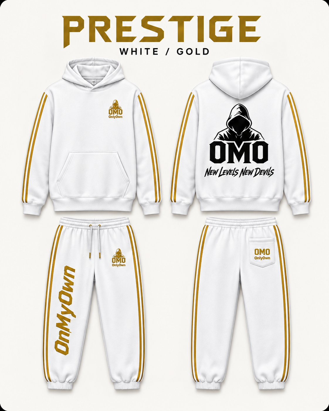 Prestige White / Gold front and back garment design