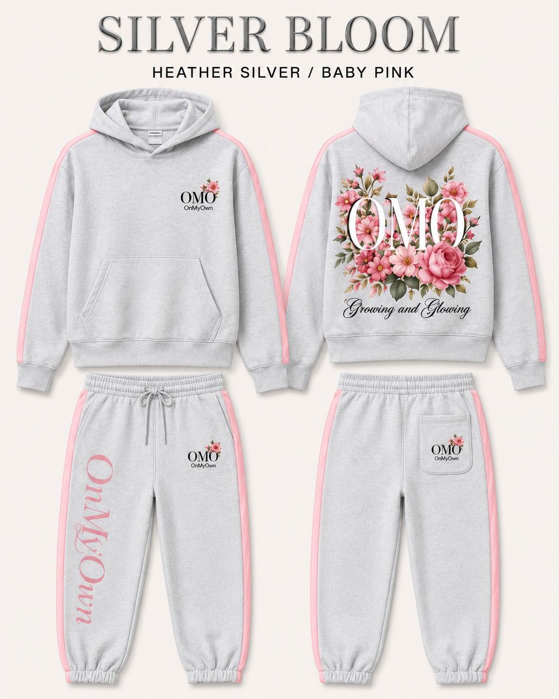 Silver Bloom Heather Silver / Baby Pink front and back garment design