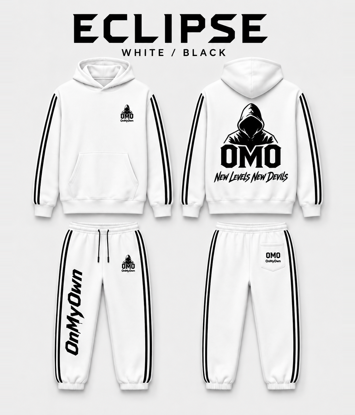 Eclipse in White / Black, using the approved V0526 men’s front-and-back garment artwork.