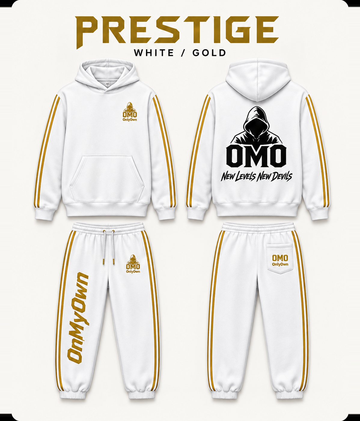 Prestige in White / Gold, using the approved V0526 men’s front-and-back garment artwork.